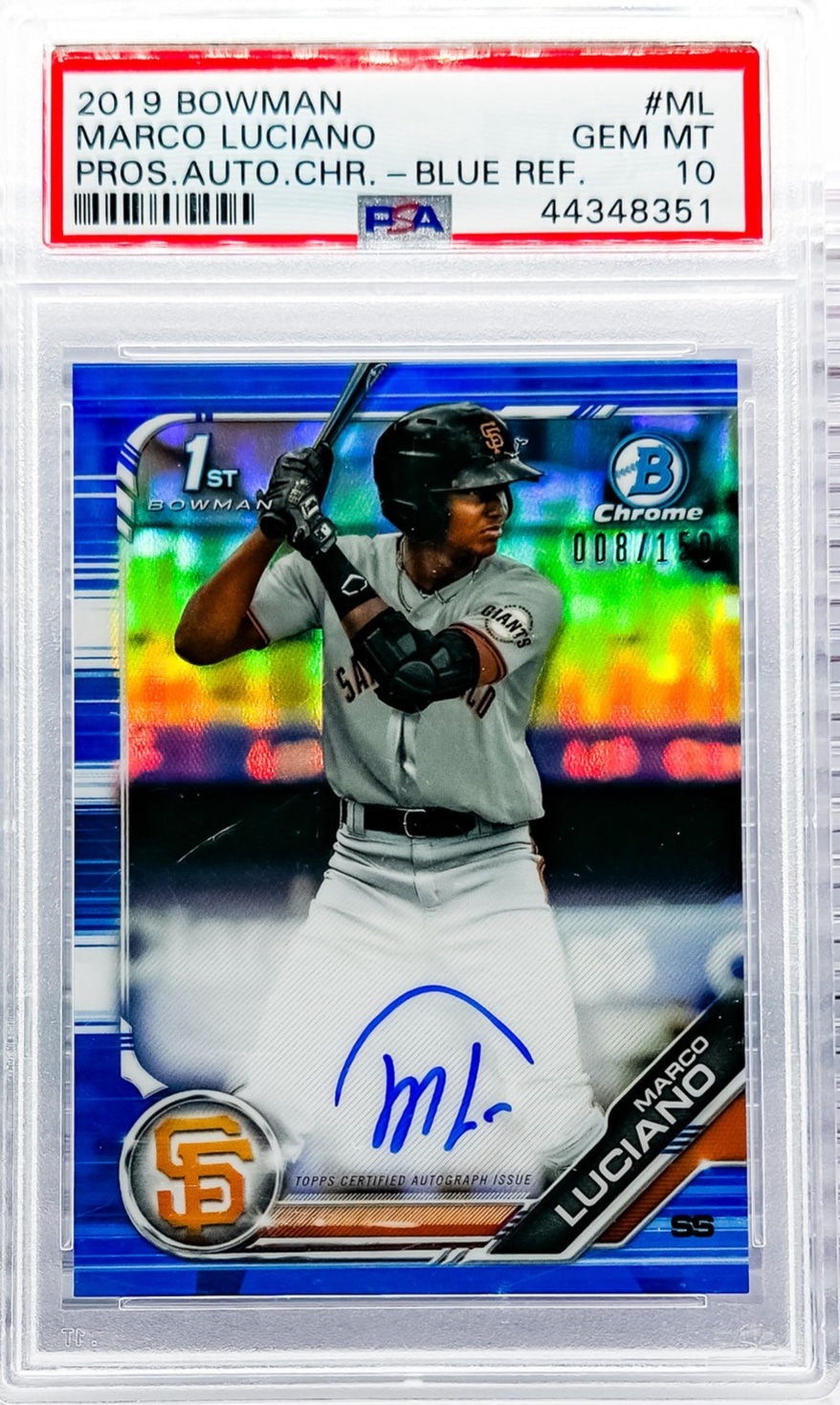 2019 Bowman Marco Luciano Chrome Prospect Autographs Blue Refractor #/150 PSA 10