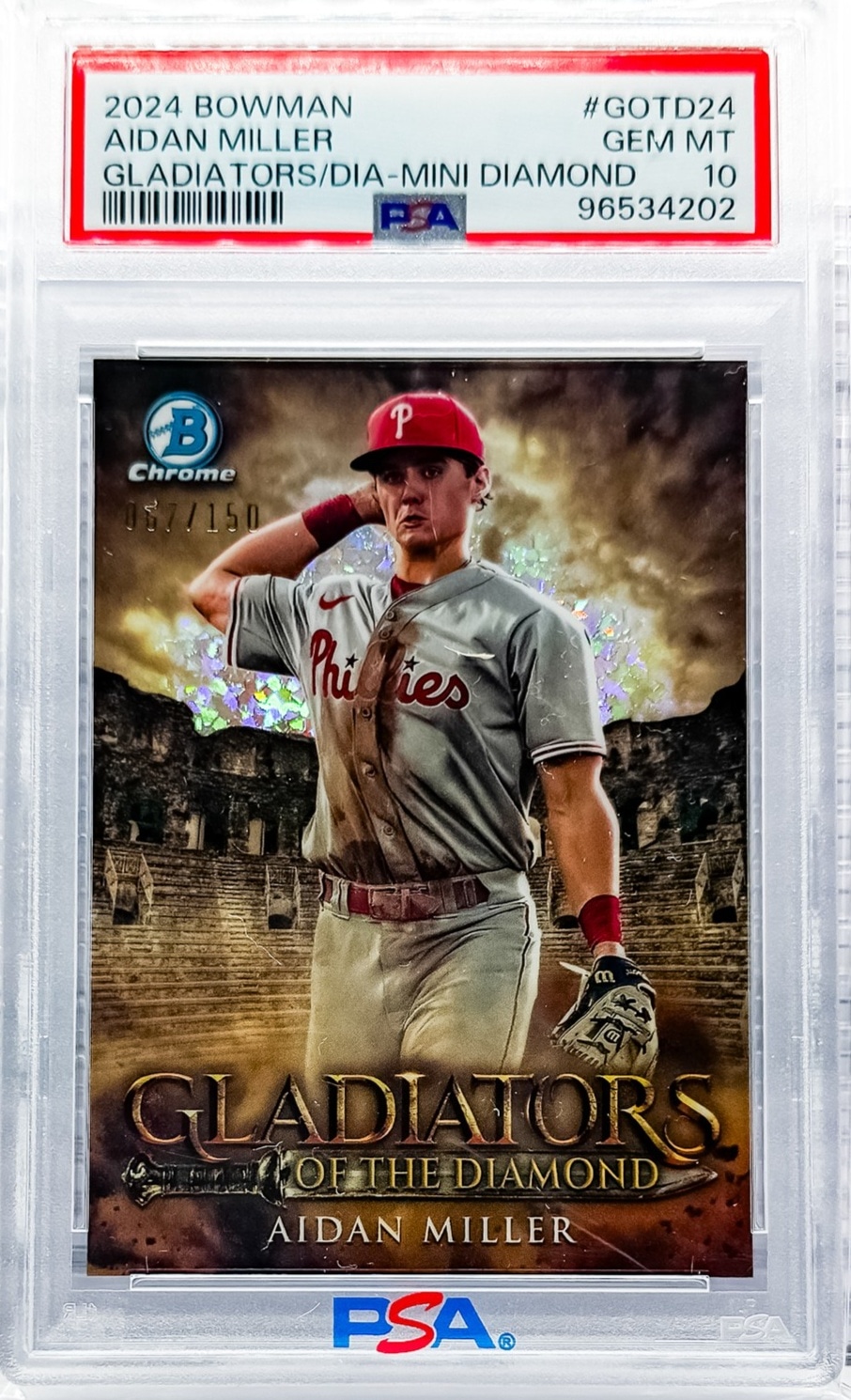 2024 Bowman Aidan Miller Gladiators of the Diamond Mini-Diamond Ref #/150 PSA 10