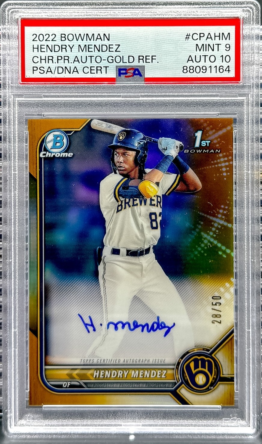 2022 Bowman Hendry Mendez Chrome Prospect Autographs Gold Ref PSA 9 #/50