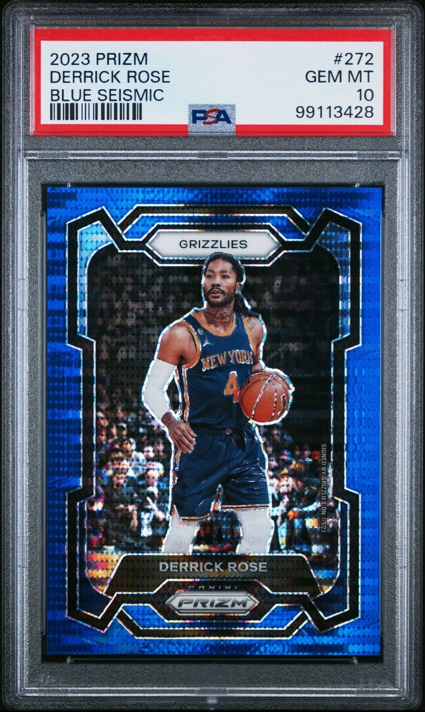 2023-24 Panini Prizm Derrick Rose Prizms Blue Seismic #/99 PSA 10