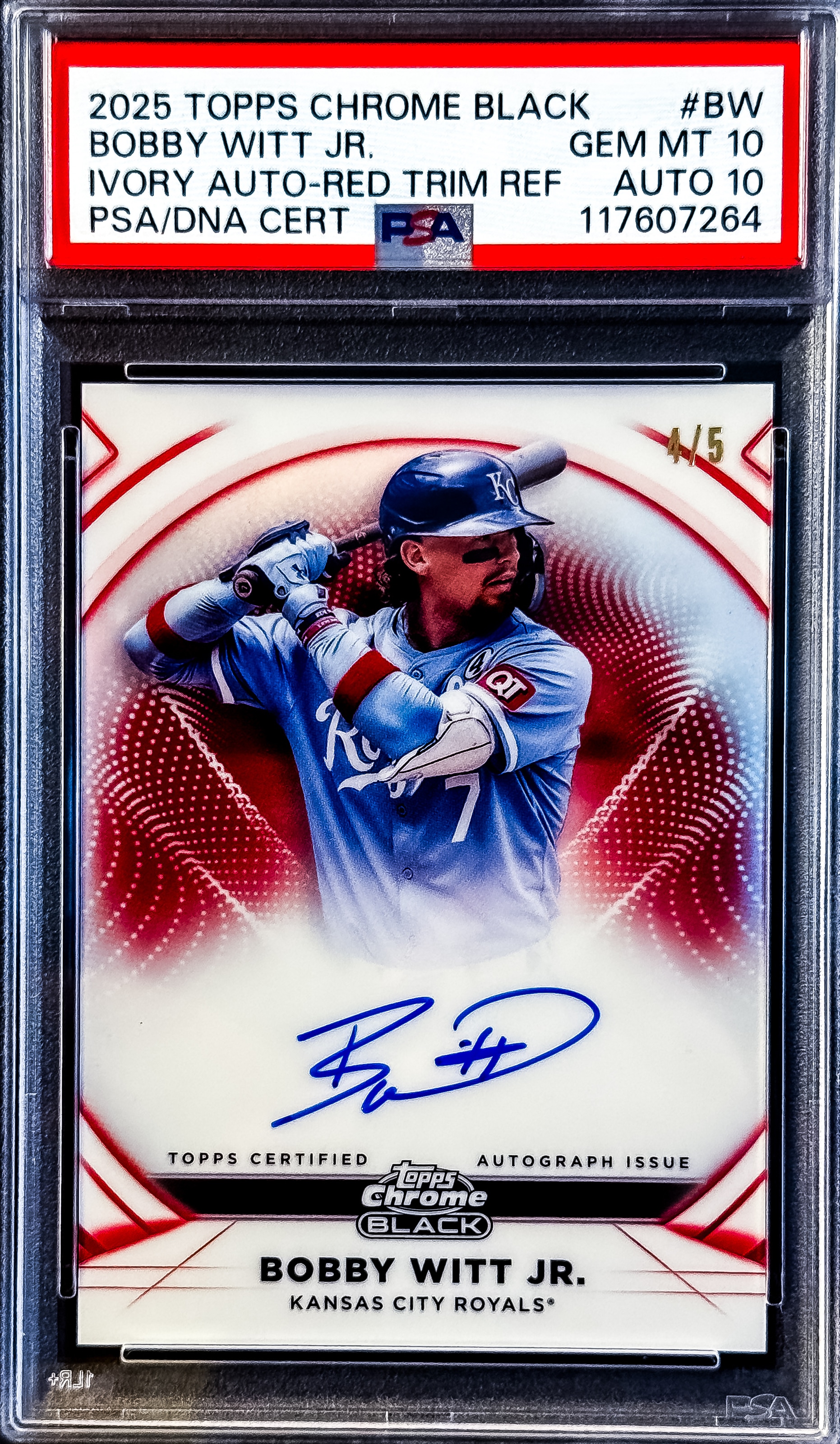 2025 Topps Chrome Black #IVA-BW Bobby Witt Jr. Ivory Autographs Red Trim Refractor #/5 PSA 10