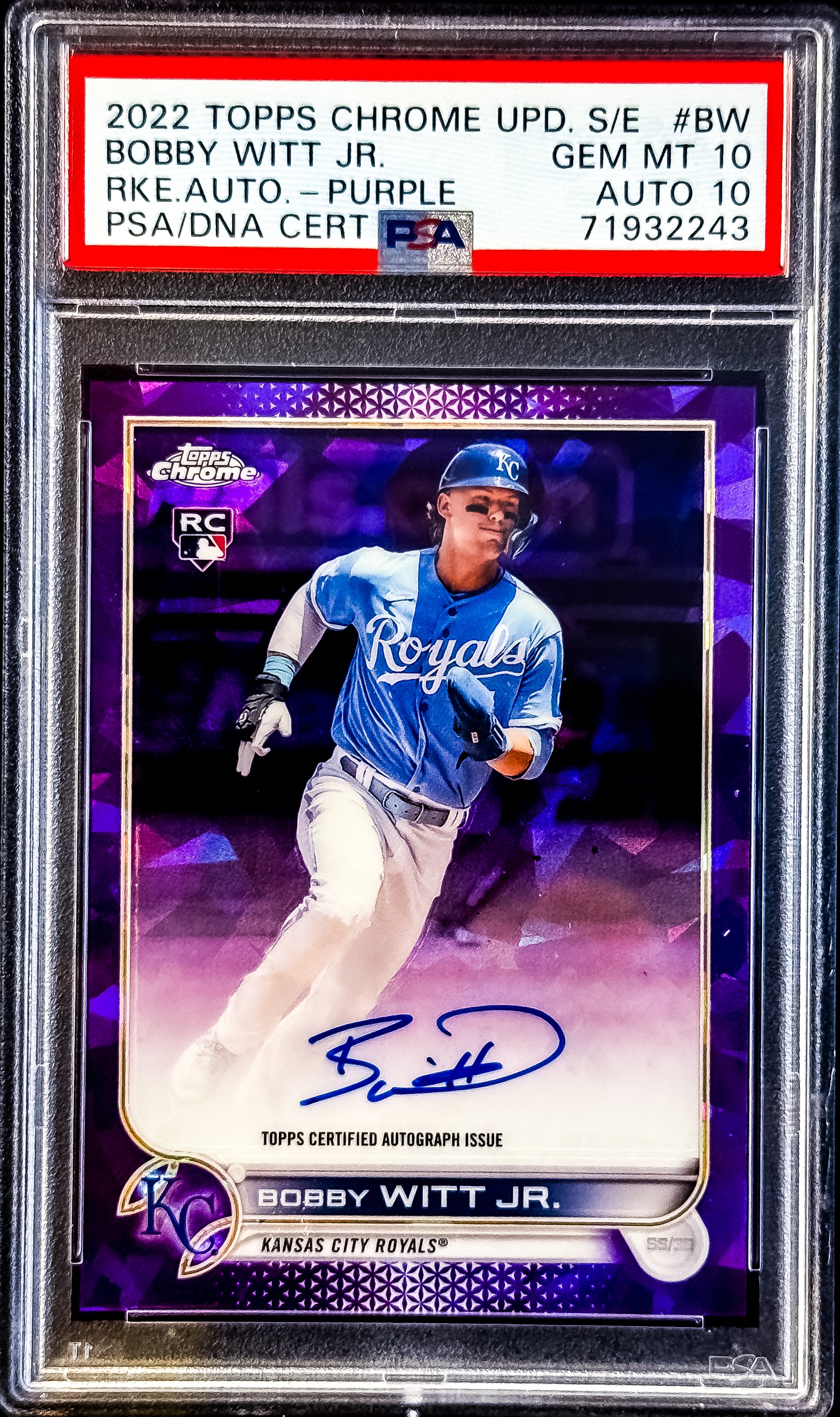 2022 Topps Chrome Sapphire #RA-BW Bobby Witt Jr. Rookie Autograph Purple #/10 PSA 10