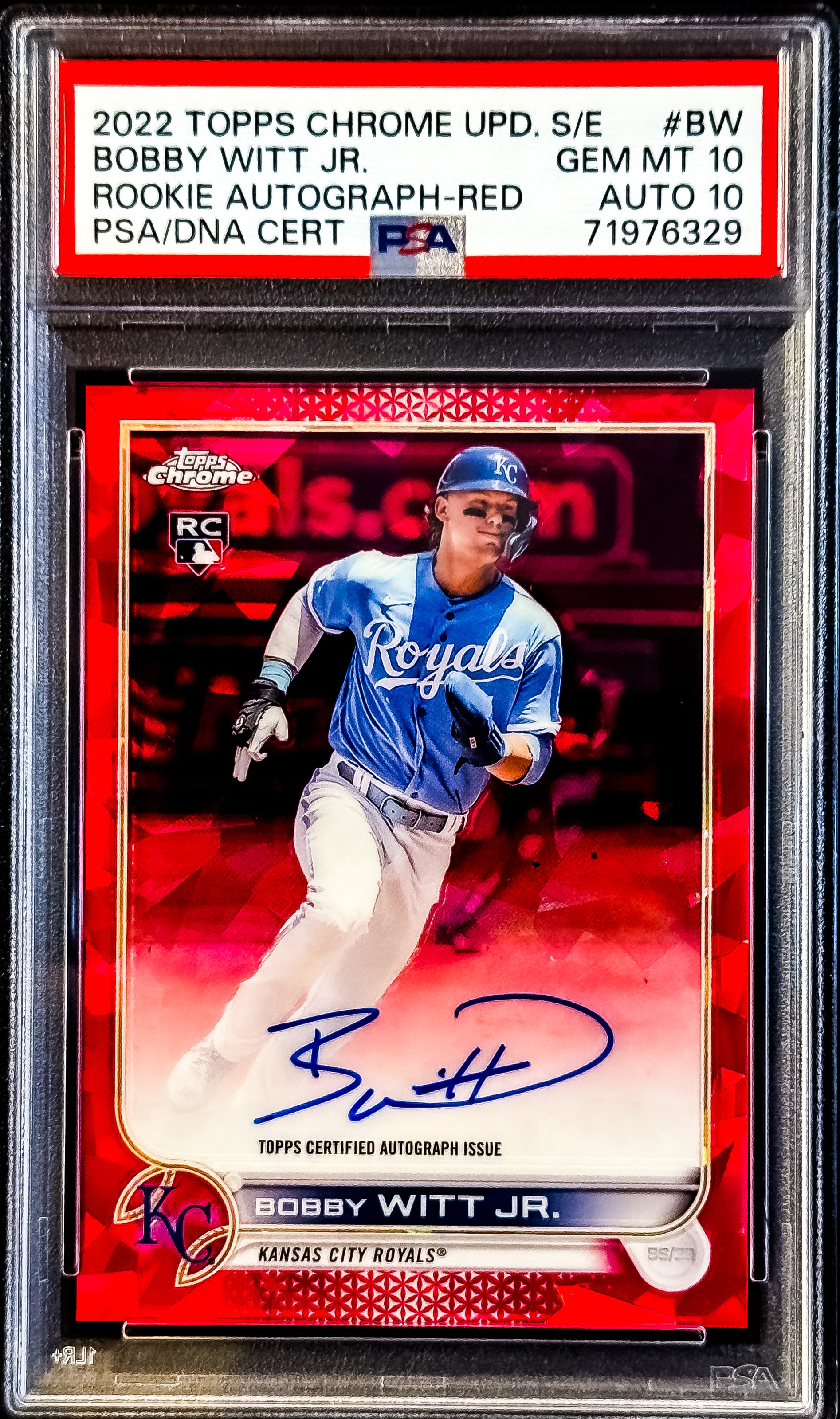 2022 Topps Chrome Sapphire #RA-BW Bobby Witt Jr. Rookie Autograph Red #/5 PSA 10